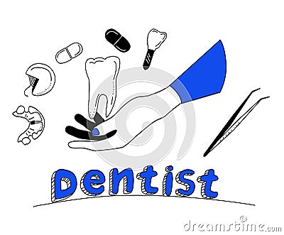 Dentistry service poster in doodle style.Oral cavity care.Brushing and cleaning teeth with special instruments. Vector Illustration