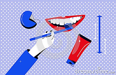 Dentistry service poster in Pop Art style.Oral cavity care.Brushing and cleaning teeth with special instruments. Vector Illustration