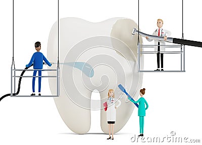 Dentists clean, treat a sick aching tooth. Doctors clean, drill dental plaque and dental caries. Dentistry work concept. Cartoon Illustration