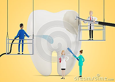 Dentists clean, treat a sick aching tooth. Doctors clean, drill dental plaque and dental caries. Dentistry work concept. Cartoon Illustration