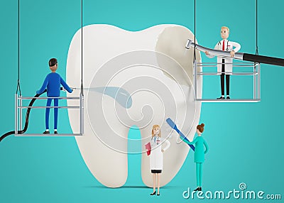 Dentists clean, treat a sick aching tooth. Doctors clean, drill dental plaque and dental caries. Dentistry work concept. Cartoon Illustration