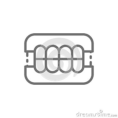 Dentures, dental prosthesis, tooth orthopedics line icon. Vector Illustration