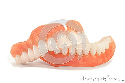 dentures. Isolate on white background acrylic prosthesis of human jaws. The concept of orthopedic dentistry Stock Photo