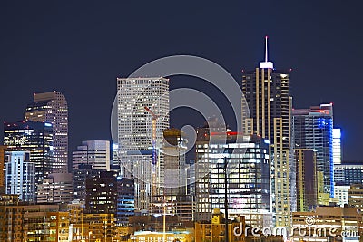 Denver downtown skyline at night, Colorado, USA Stock Photo