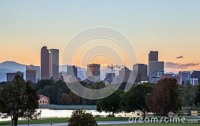 Denver downtown skyline at sunset Stock Photo