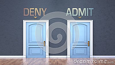 Deny and admit as a choice - pictured as words Deny, admit on doors to show that Deny and admit are opposite options while making Cartoon Illustration