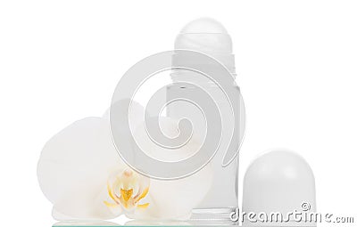 Deodorants and orchid flower Stock Photo