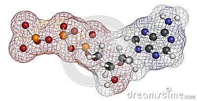 Deoxyadenosine triphosphate (dATP) nucleotide molecule. DNA building block. Atoms are represented as spheres with conventional Stock Photo