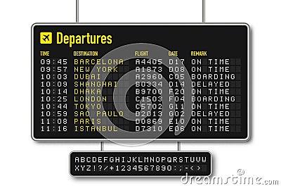 Departure and arrival board, airline scoreboard with digital led letters. Flight information display system in airport Vector Illustration