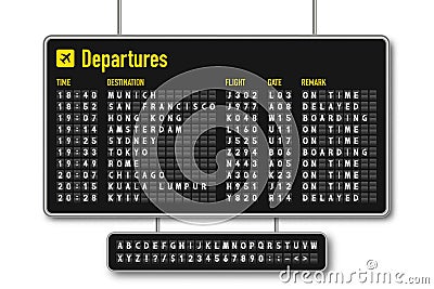 Departure and arrival board, airline scoreboard, mechanical split flap display. Flight information display system Vector Illustration