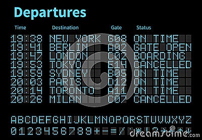 Departures and arrivals airport digital board vector template. Airline scoreboard with led letters and numbers Vector Illustration