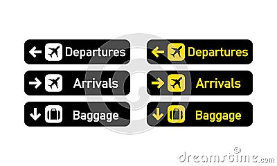 Departures, arrivals and baggage sign. Airport sign. Vector on isolated white background. EPS 10 Vector Illustration