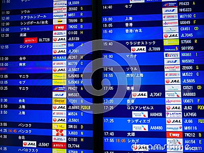 Departures board at Narita Airport. Flight information electronically timetable. Flight schedule. Editorial Stock Photo