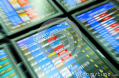 Departures flights tables at Prague airport Editorial Stock Photo