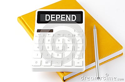 DEPEND text on the blue sticker with cofee and pen Stock Photo