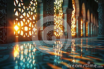 Depict Arabic script conveying inspirational quotes related to Ramadan. Implement soft lighting to create a serene atmosphere and Stock Photo