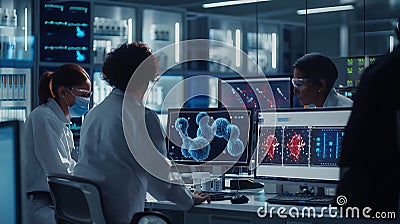 Depict scientists in a lab analyzing protein models on computer screens and adjusting molecular structures in a 3D space Stock Photo