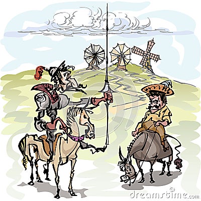 Don Quixote with his servant, Sancho Panza contemplating the windmills Cartoon Illustration