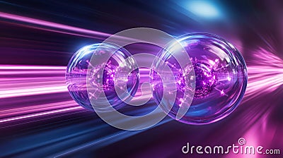 Depiction of antimatter and positronium particles approaching each other in dynamic spatial movement Stock Photo
