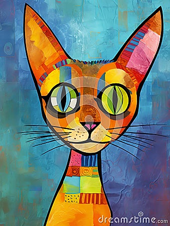 depiction of a cat in vibrant, lively colors. The illustration captures the whimsical and playful Cartoon Illustration