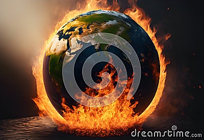 Brurning World from Temperture Rising with Fire at Bottom, Depiction of Climate Change and Environmental Issues Stock Photo