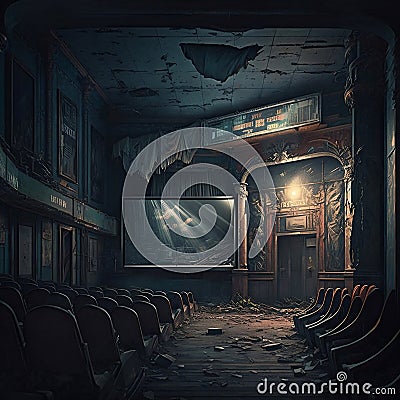 A depiction or visual representation of what a movie theater looks like following the conclusion of a screening. AI Stock Photo