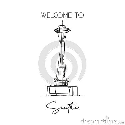 Depok, Indonesia - August 6, 2019: Single continuous line drawing Space Needle landmark. Beauty place in Seattle, Washington DC, Vector Illustration