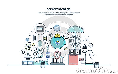 Deposit storage. Saving, protection of finance, cash money, investments, currency. Vector Illustration