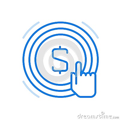 Depositing money business account vector line icon. Finger presses button with symbol of banknote. Vector Illustration