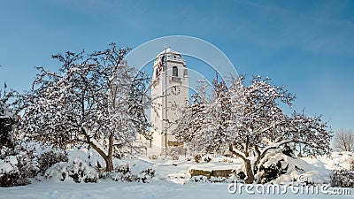 Depot covered with snow and city park Stock Photo