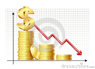 Depreciation of Dollar. Inflation. Economic recession icon. Dollar sign with chart, down arrow and coins Vector Illustration