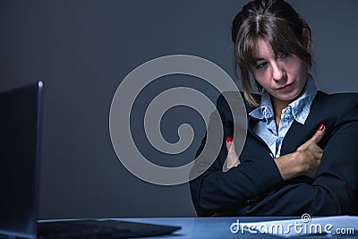 Depreciation of human work, salary reduction, lack of career prospects concept. Exhausted young business woman tired from office Stock Photo