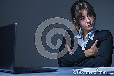 Depreciation of human work, salary reduction, lack of career prospects concept. Portrait of exhausted young business woman tired Stock Photo