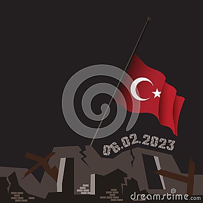 Natural disaster in Kahramanmaras, Turkiye on 06 February 2023. Ruined building and lowered Turkish flag due to mourning. Stock Photo