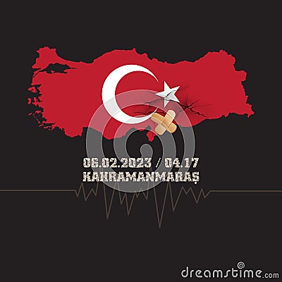 Natural disaster in Kahramanmaras, Turkiye on 06 February 2023. Ruined building and lowered Turkish flag due to mourning. Vector Illustration