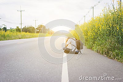 Depress and hopeless , Travel hitchhiker man with backpack Stock Photo