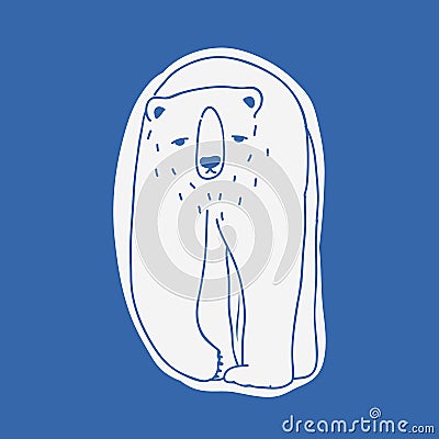 Depressed adult polar bear hand drawn with outlines. Doodle drawing of walking unhappy cartoon wild carnivorous animal Vector Illustration