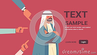 Depressed arab man surrounded by hands fingers mocking pointing her bullying inequality racial discrimination Vector Illustration