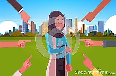 Depressed arab woman being bullied surrounded by hands fingers mocking her peer violence bullying social anxiety concept Vector Illustration