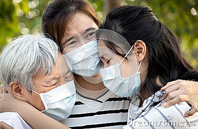 Depressed asian family wearing medical mask crying,suffer from grief,great loss of her family infected,fighting the Coronavirus Stock Photo