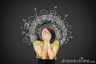 Depressed Asian woman in deep many thoughts, having problem with over thinking Stock Photo