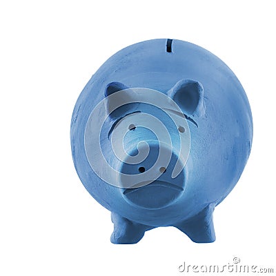 Depressed, blue money box aka piggy bank, isolated on white. Poverty concept. Stock Photo