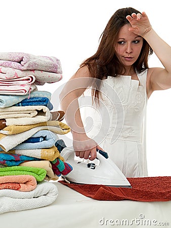 Depressed bride with iron machine Stock Photo