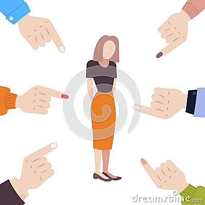 Depressed businesswoman being bullied surrounded by fingers pointing on upset girl violence victim of bullying mocking Vector Illustration