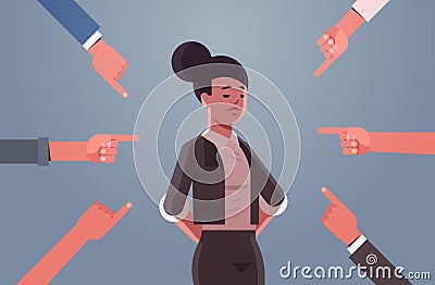 Depressed businesswoman being bullied surrounded by hands fingers mocking her peer violence bullying social anxiety Vector Illustration