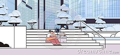 depressed businesswoman in despair sitting on stairs dismissed business woman with things unemployment crisis Vector Illustration