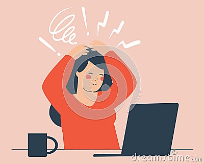 Depressed businesswoman sitting behind her office desk and looks confused. Burnout concept. Vector Illustration