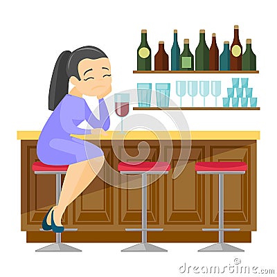 Sad caucasian white woman drinking wine in a bar. Vector Illustration