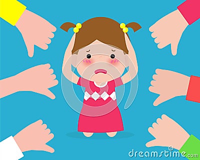 Depressed children sitting on floor and other kids pointing and laughing. Bullying at school. kid in shame and hands with thumbs Vector Illustration