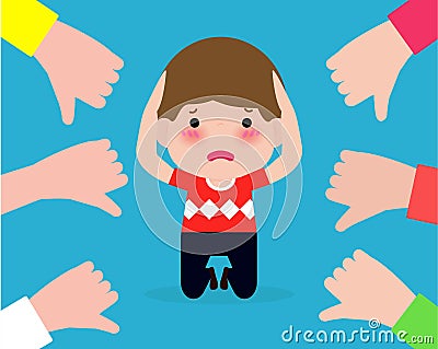 Depressed children sitting on floor and other kids pointing and laughing. Bullying at school. kid in shame and hands with thumbs Vector Illustration
